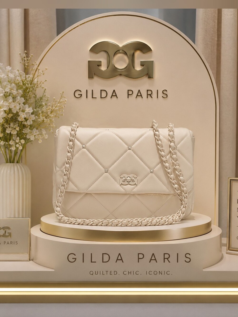 Quilted Chain Shoulder Bag - Cream